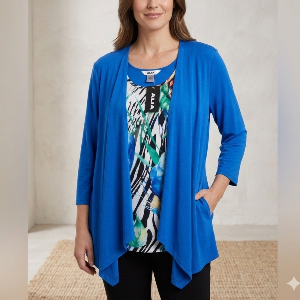 Alia Layered Blouse Size L Royal Blue Printed 2-in-1 Layering Top NWT